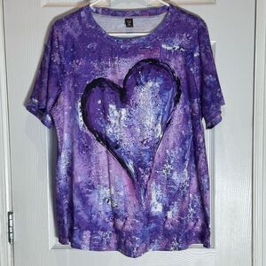SHEIN Curve Women’s 0XL V-Neck Short Sleeved Heart Shirt Purple White Colorful